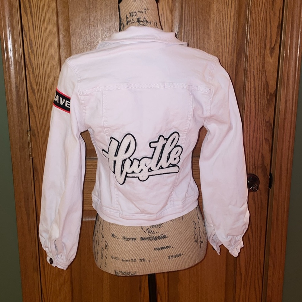 Denimland size small woman’s customized jacket! White jean/denim jacket hustler